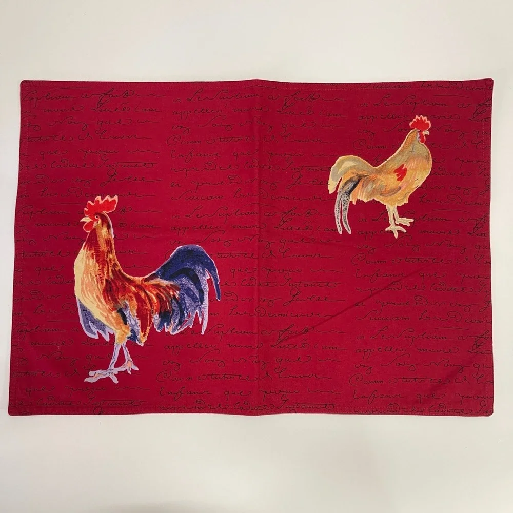4 Williams Sonoma Placemats Rooster‎ French Script Cotton Cottage Farm Country